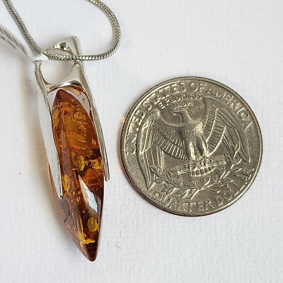 VTG HUGE! NWT Hammered LEAF Baltic Amber Pendant in Sterling Silver w/ 925 Chain - Picture 1 of 12